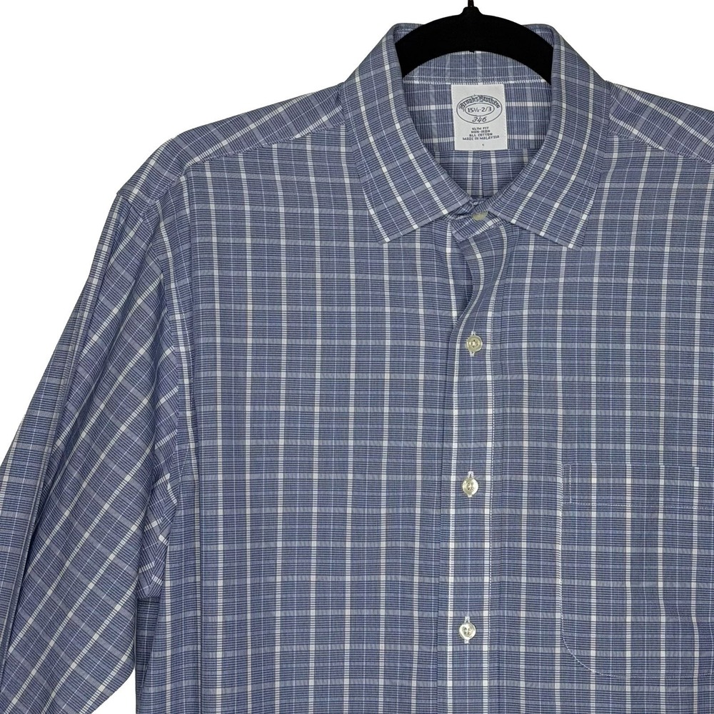 Brooks Brothers Dress Shirt 346 Non-Iron Slim Fit Blue Plaid Check Size 15 1/2 - Picture 6 of 8
